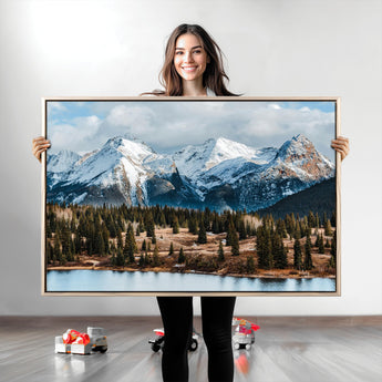 36247746-MGV-CV-36X24-Snowy Peaks Wall Art Canvas Print, Framed Alpine Lake Art Picture Print, Pine Forest Perfect Alpine Wilderness Decor Artwork