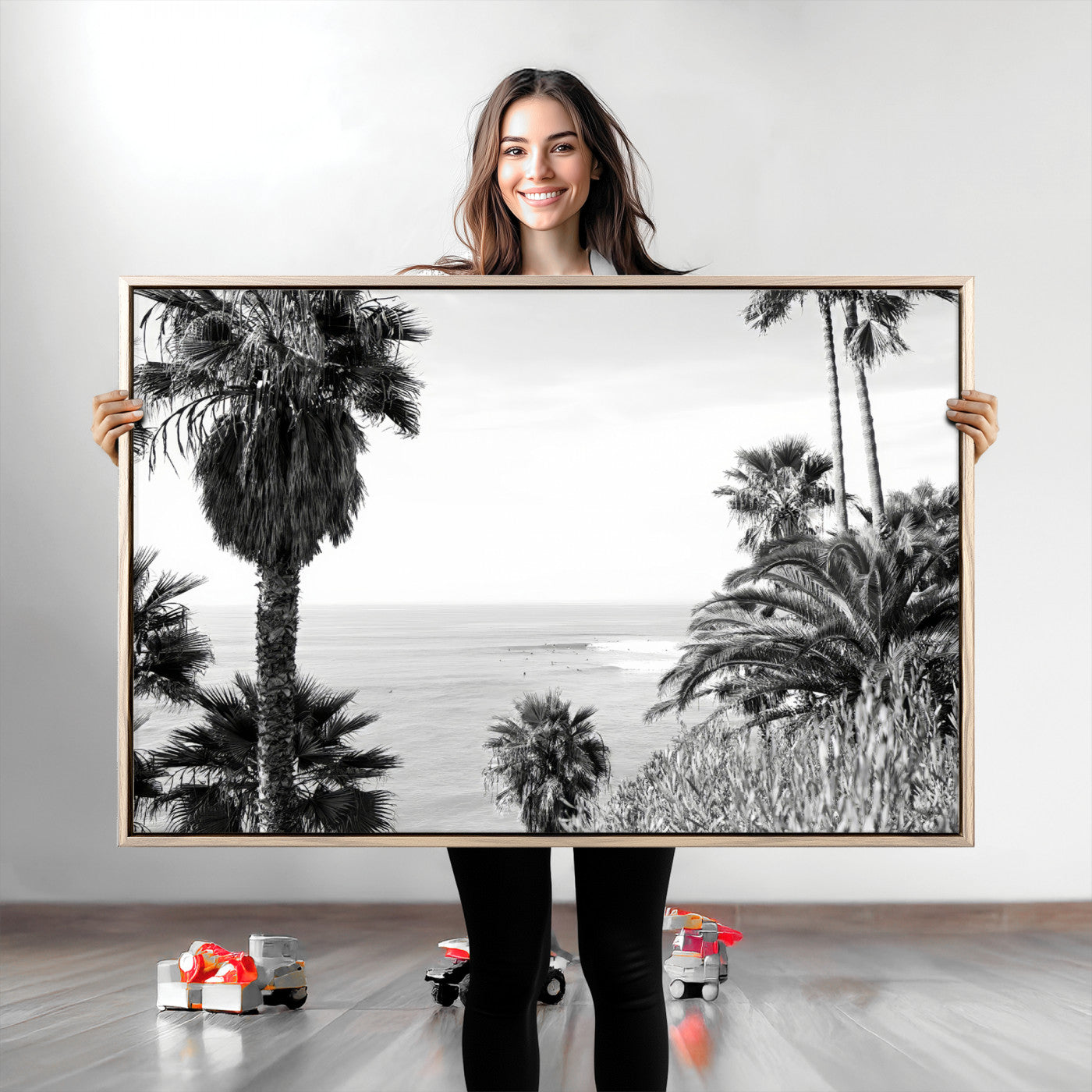 89458520-MGV-CV-36X24-Palm Trees Wall Art Canvas Print, Framed Coastal View Art Picture Print, Ocean Horizon Perfect Monochrome Coast Decor Artwork