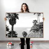 89458520-MGV-CV-36X24-Palm Trees Wall Art Canvas Print, Framed Coastal View Art Picture Print, Ocean Horizon Perfect Monochrome Coast Decor Artwork