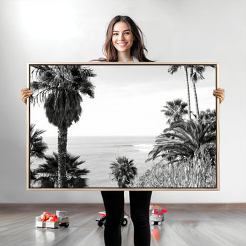 89458520-MGV-CV-36X24-Palm Trees Wall Art Canvas Print, Framed Coastal View Art Picture Print, Ocean Horizon Perfect Monochrome Coast Decor Artwork