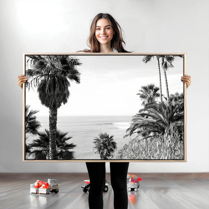 89458520-MGV-CV-36X24-Palm Trees Wall Art Canvas Print, Framed Coastal View Art Picture Print, Ocean Horizon Perfect Monochrome Coast Decor Artwork