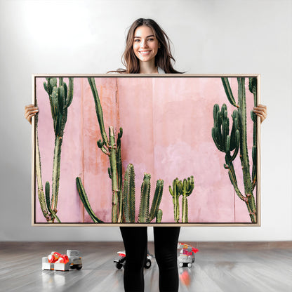 93119502-MGV-CV-36X24-Tall Cactus Wall Art Canvas Print, Framed Pink Wall Art Picture Print, Cactus Lines Perfect Modern Desert Decor Artwork