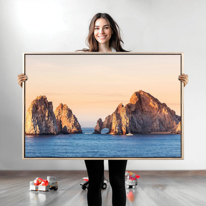 72996116-MGV-CV-36X24-El Arco Wall Art Canvas Print, Framed Cabo Rocks Art Picture Print, Ocean Arch Perfect Golden Coastal Landmark Decor Artwork
