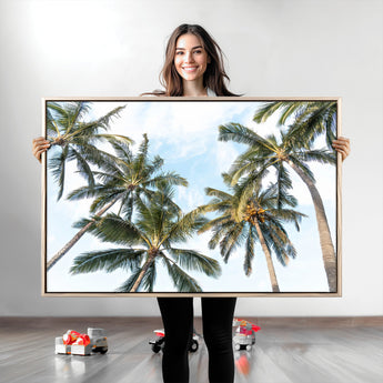 87247012-MGV-CV-36X24-Skyward Palm Trees Wall Art Canvas Print, Framed Tropical Sky Art Picture Print, Coconut Palm Perfect Tropical Skyview Decor