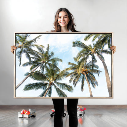 87247012-MGV-CV-36X24-Skyward Palm Trees Wall Art Canvas Print, Framed Tropical Sky Art Picture Print, Coconut Palm Perfect Tropical Skyview Decor