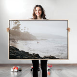 62501405-MGV-CV-36X24-Misty Beach Wall Art Canvas Print, Framed California Surfer Art Picture Print, Coastal Cliff Perfect Coastal Beach Decor Artwork