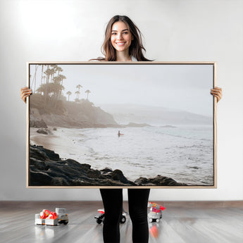 62501405-MGV-CV-36X24-Misty Beach Wall Art Canvas Print, Framed California Surfer Art Picture Print, Coastal Cliff Perfect Coastal Beach Decor Artwork