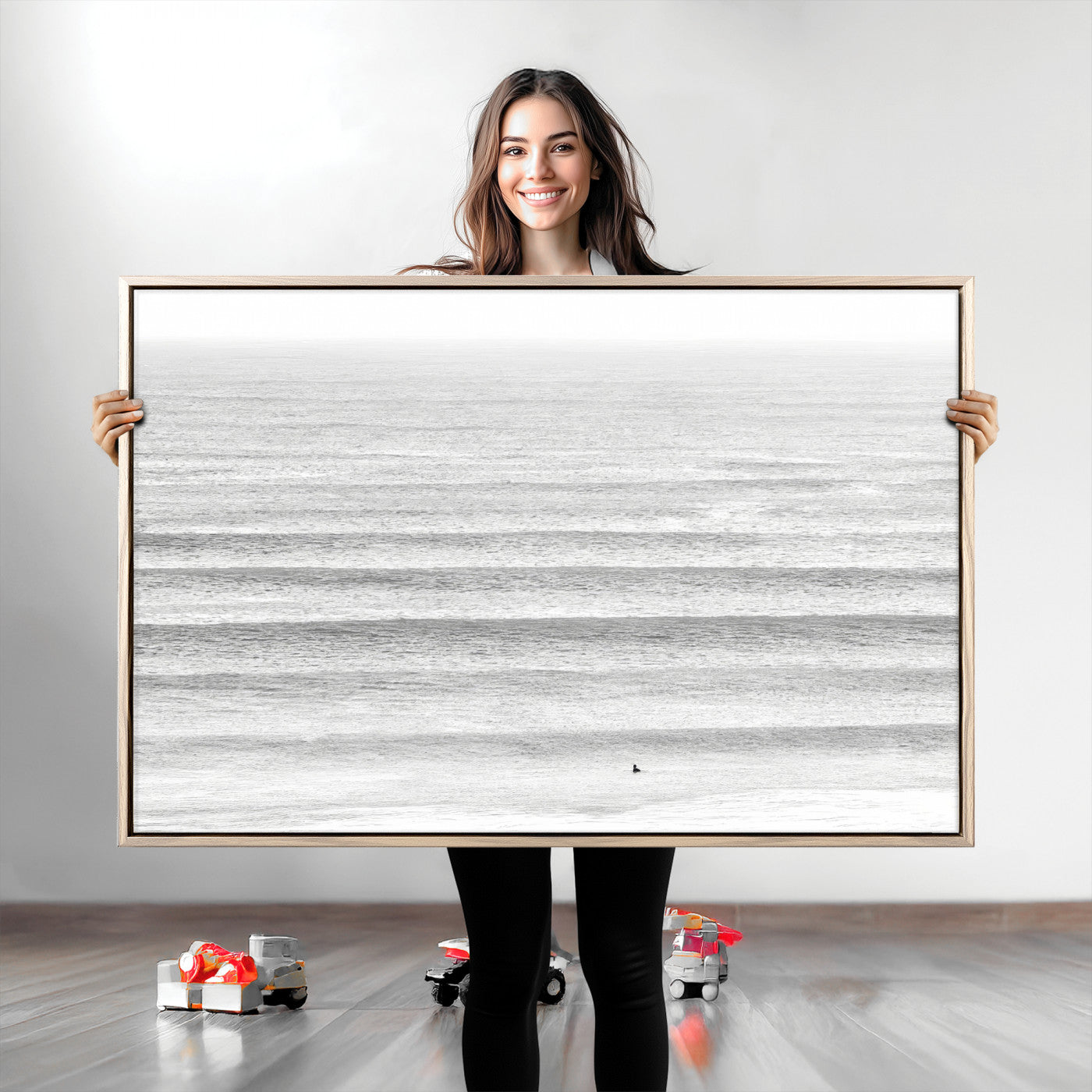 66534476-MGV-CV-36X24-Lone Surfer Wall Art Canvas Print, Framed Ocean Waves Art Picture Print, Minimal Sea Perfect Minimal Coastal Decor Artwork