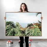 45700479-MGV-CV-36X24-Monstera Leaves Wall Art Canvas Print, Framed Tropical Ocean Art Picture Print, Tropical Foliage Perfect Tropical Coastal Jungle