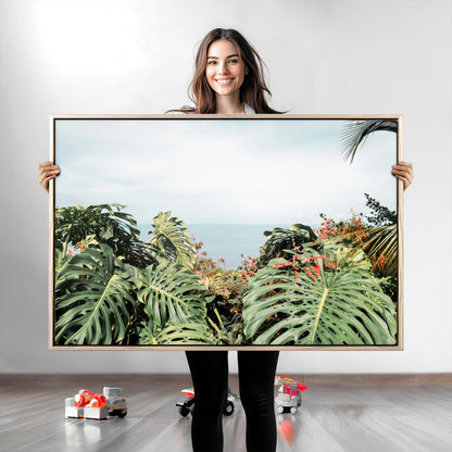 45700479-MGV-CV-36X24-Monstera Leaves Wall Art Canvas Print, Framed Tropical Ocean Art Picture Print, Tropical Foliage Perfect Tropical Coastal Jungle
