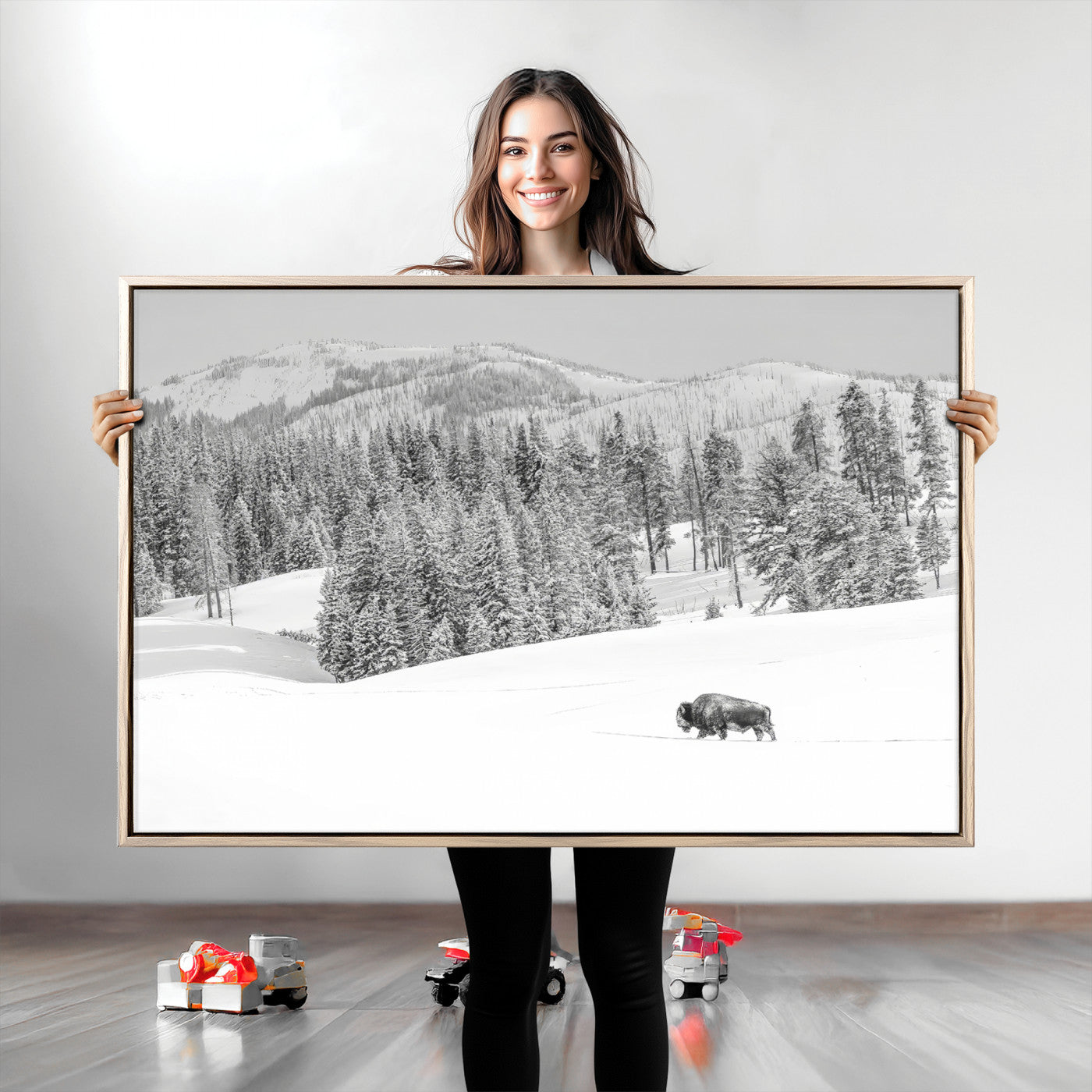 68081143-MGV-CV-36X24-Snowy Bison Wall Art Canvas Print, Framed Winter Forest Art Picture Print, Lone Bison Perfect Monochrome Winter Wild Decor Artwork