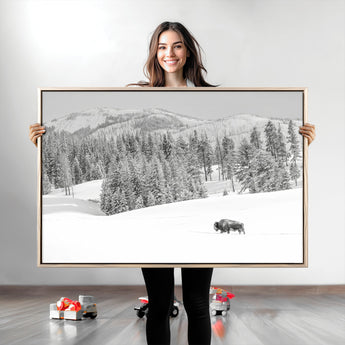 68081143-MGV-CV-36X24-Snowy Bison Wall Art Canvas Print, Framed Winter Forest Art Picture Print, Lone Bison Perfect Monochrome Winter Wild Decor Artwork