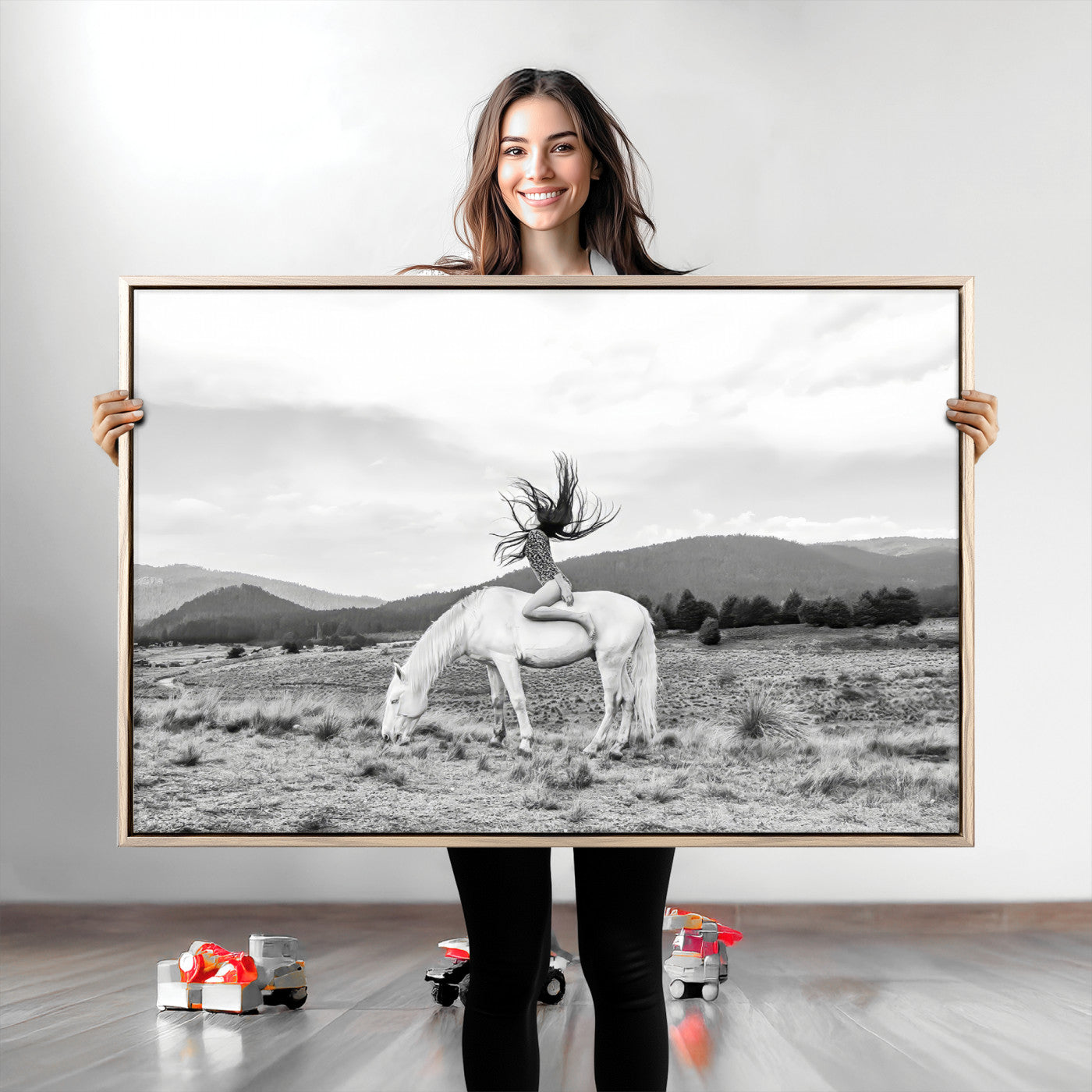 62789800-MGV-CV-36X24-White Horse Wall Art Canvas Print, Framed Woman Rider Art Picture Print, Equestrian Pose Perfect Western Boho Decor Artwork