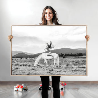 62789800-MGV-CV-36X24-White Horse Wall Art Canvas Print, Framed Woman Rider Art Picture Print, Equestrian Pose Perfect Western Boho Decor Artwork
