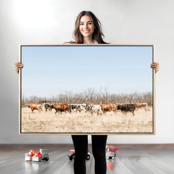 16563092-MGV-CV-36X24-Texas Longhorns Wall Art Canvas Print, Framed Western Cattles Art Picture Print, Rustic Herd Perfect Rustic Farmhouse Decor