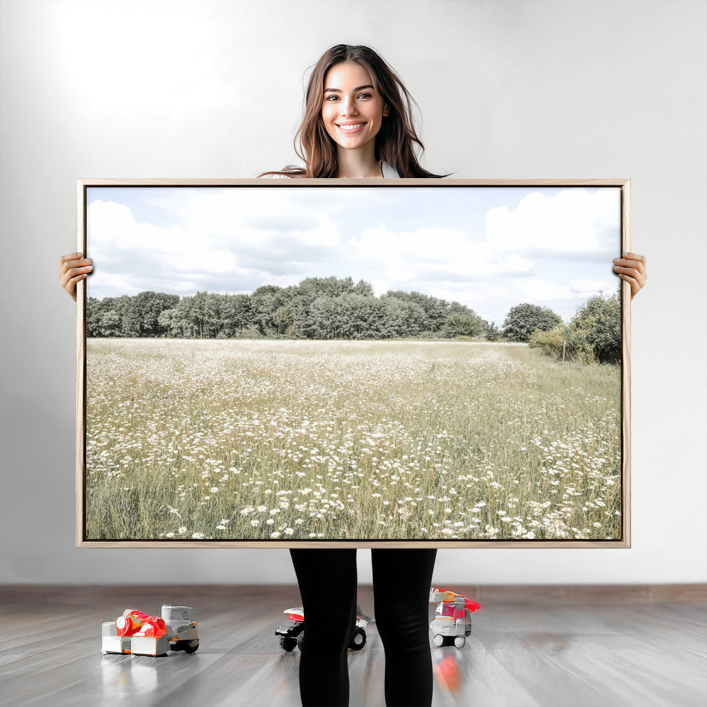 43258946-MGV-CV-36X24-Daisy Field Wall Art Canvas Print, Framed Pastel Flower Art Picture Print, Meadow Bloom Perfect Scandinavian Minimalist Decor