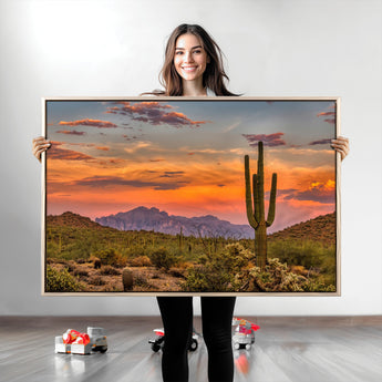 25332783-MGV-CV-36X24-Saguaro Cactus Wall Art Canvas Print, Framed Arizona Sunset Art Picture Print, Sonoran Desert Perfect Southwestern Boho Decor