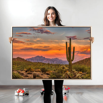 25332783-MGV-CV-36X24-Saguaro Cactus Wall Art Canvas Print, Framed Arizona Sunset Art Picture Print, Sonoran Desert Perfect Southwestern Boho Decor
