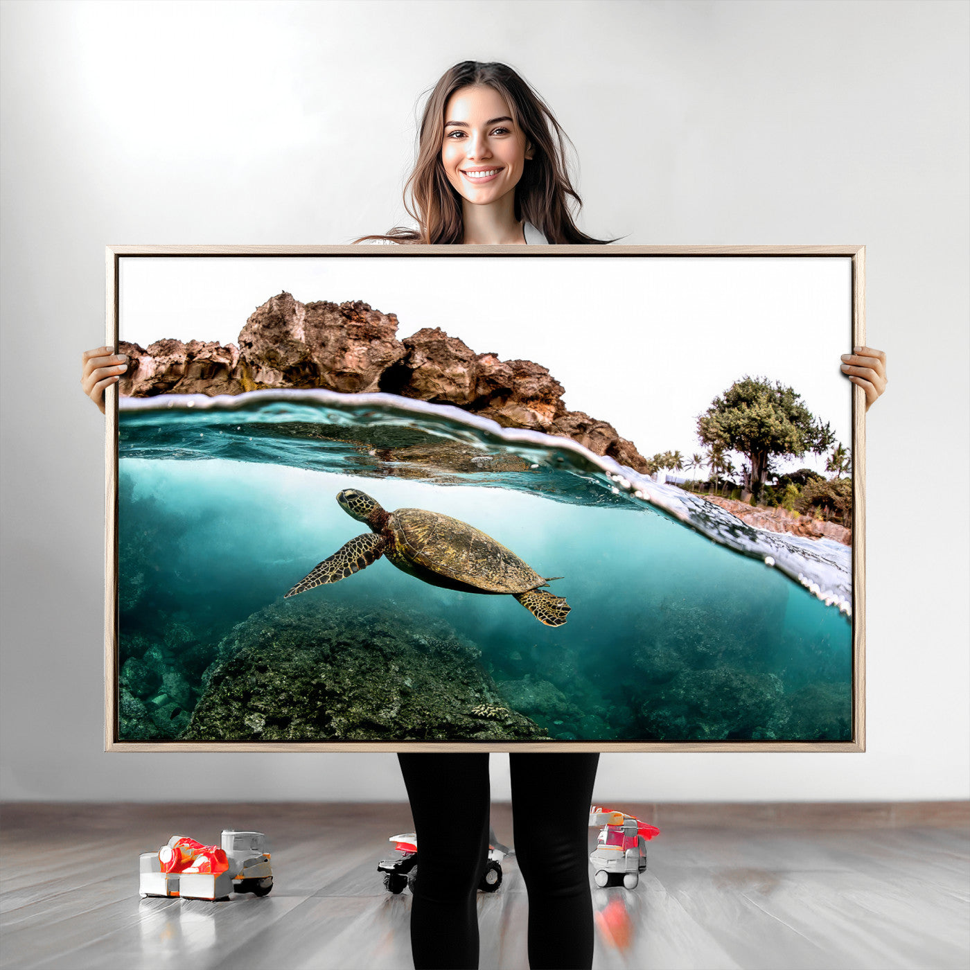 44200301-MGV-CV-36X24-Sea Turtle Swim Wall Art Canvas Print, Framed Ocean Life Art Picture Print, Tropical Shoreline Perfect Tropical Coastal Decor