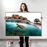 44200301-MGV-CV-36X24-Sea Turtle Swim Wall Art Canvas Print, Framed Ocean Life Art Picture Print, Tropical Shoreline Perfect Tropical Coastal Decor