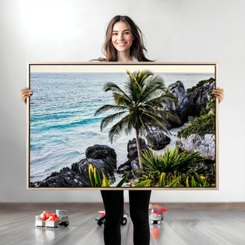 94669907-MGV-CV-36X24-Tropical Coastline Wall Art Canvas Print, Framed Palm Tree Art Picture Print, Rocky Beach Perfect Tropical Coastal Decor Artwork
