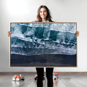 87941475-MGV-CV-36X24-Black Beach Wall Art Canvas Print, Framed Aerial Ocean Art Picture Print, Moody Coastal Perfect Modern Coastal Decor Artwork