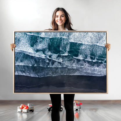 87941475-MGV-CV-36X24-Black Beach Wall Art Canvas Print, Framed Aerial Ocean Art Picture Print, Moody Coastal Perfect Modern Coastal Decor Artwork