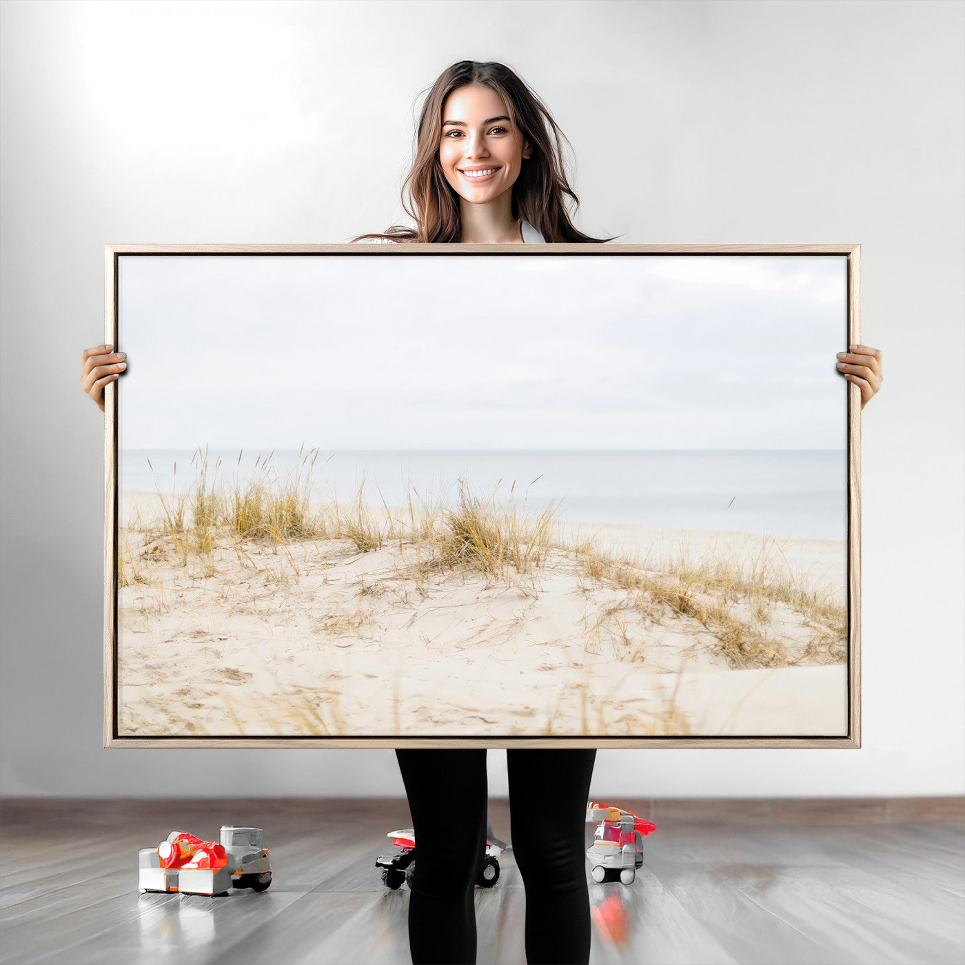 13146857-MGV-CV-36X24-Beach Dunes Wall Art Canvas Print, Framed Soft Horizon Art Picture Print, Coastal Grass Perfect Minimalist Coastal Decor Artwork