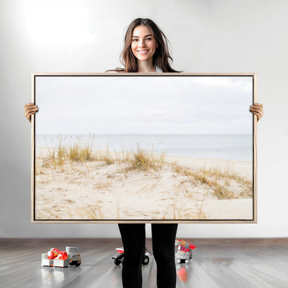 13146857-MGV-CV-36X24-Beach Dunes Wall Art Canvas Print, Framed Soft Horizon Art Picture Print, Coastal Grass Perfect Minimalist Coastal Decor Artwork