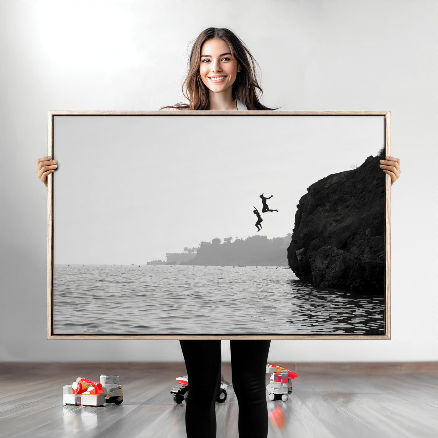 52284302-MGV-CV-36X24-Cliff Jumping Wall Art Canvas Print, Framed Ocean Adventure Art Picture Print, Black White Coast Perfect Modern Coastal Decor