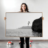 52284302-MGV-CV-36X24-Cliff Jumping Wall Art Canvas Print, Framed Ocean Adventure Art Picture Print, Black White Coast Perfect Modern Coastal Decor