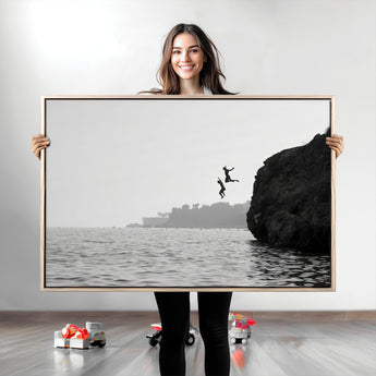 52284302-MGV-CV-36X24-Cliff Jumping Wall Art Canvas Print, Framed Ocean Adventure Art Picture Print, Black White Coast Perfect Modern Coastal Decor