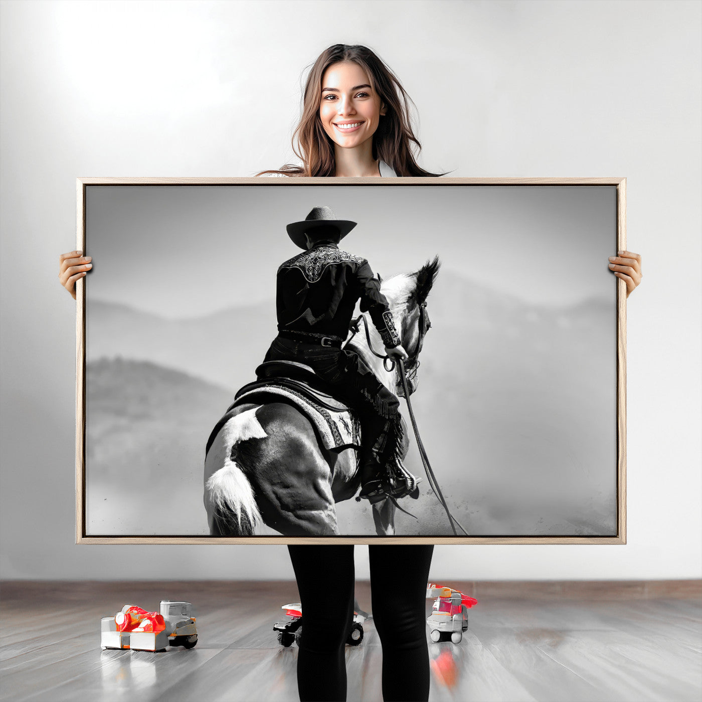 83102464-MGV-CV-36X24-Western Cowboy Wall Art Canvas Print, Framed Monochrome Horse Art Picture Print, Western Equestrian Perfect Rustic Western Decor