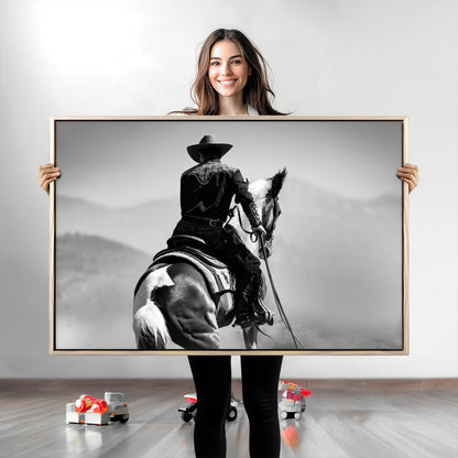83102464-MGV-CV-36X24-Western Cowboy Wall Art Canvas Print, Framed Monochrome Horse Art Picture Print, Western Equestrian Perfect Rustic Western Decor