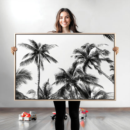 46641801-MGV-CV-36X24-Palm Tree Wall Art Canvas Print, Framed Black White Tropics Art Picture Print, Monochrome Palms Perfect Modern Tropical Minimalist
