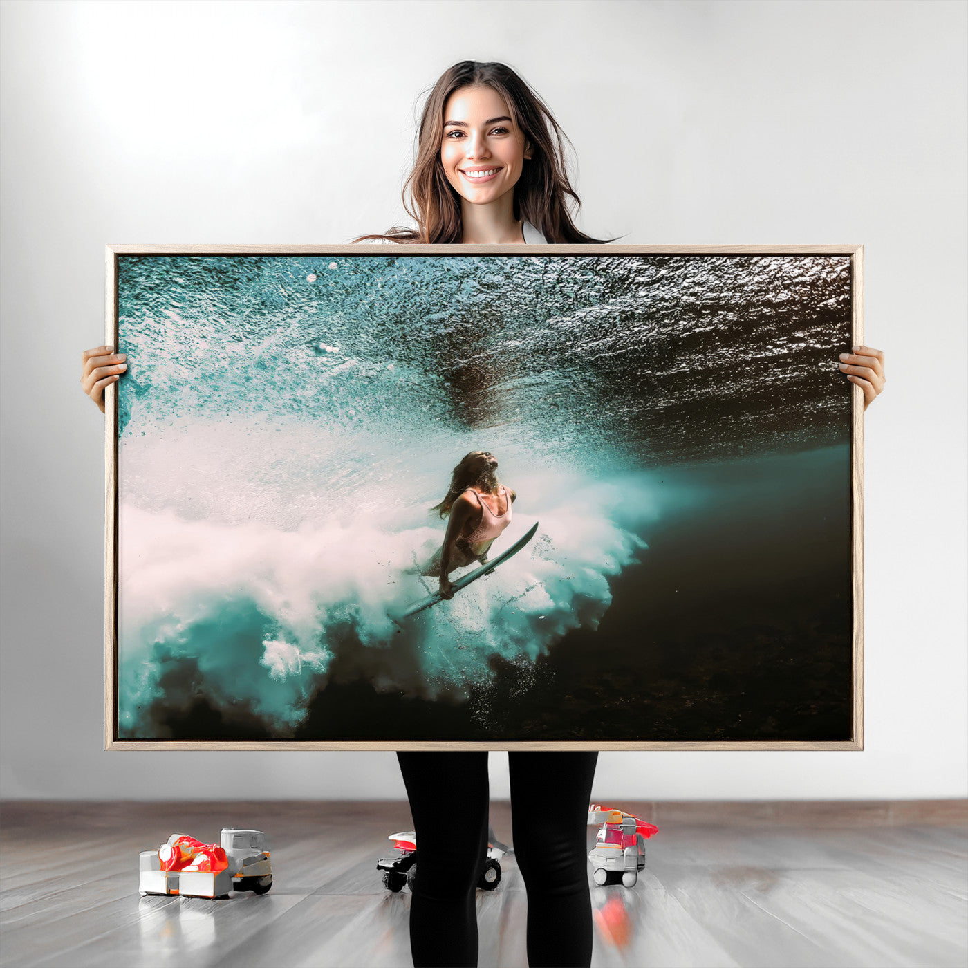 85923512-MGV-CV-36X24-Aquatic Motion Wall Art Canvas Print, Framed Underwater Swimming Art Picture Print, Female Surfer Diving Perfect Coastal Boho