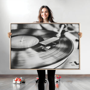 41253898-MGV-CV-36X24-Vinyl Record Wall Art Canvas Print, Framed Turntable Close Art Picture Print, Retro Vibes Perfect Vintage Industrial Decor Artwork