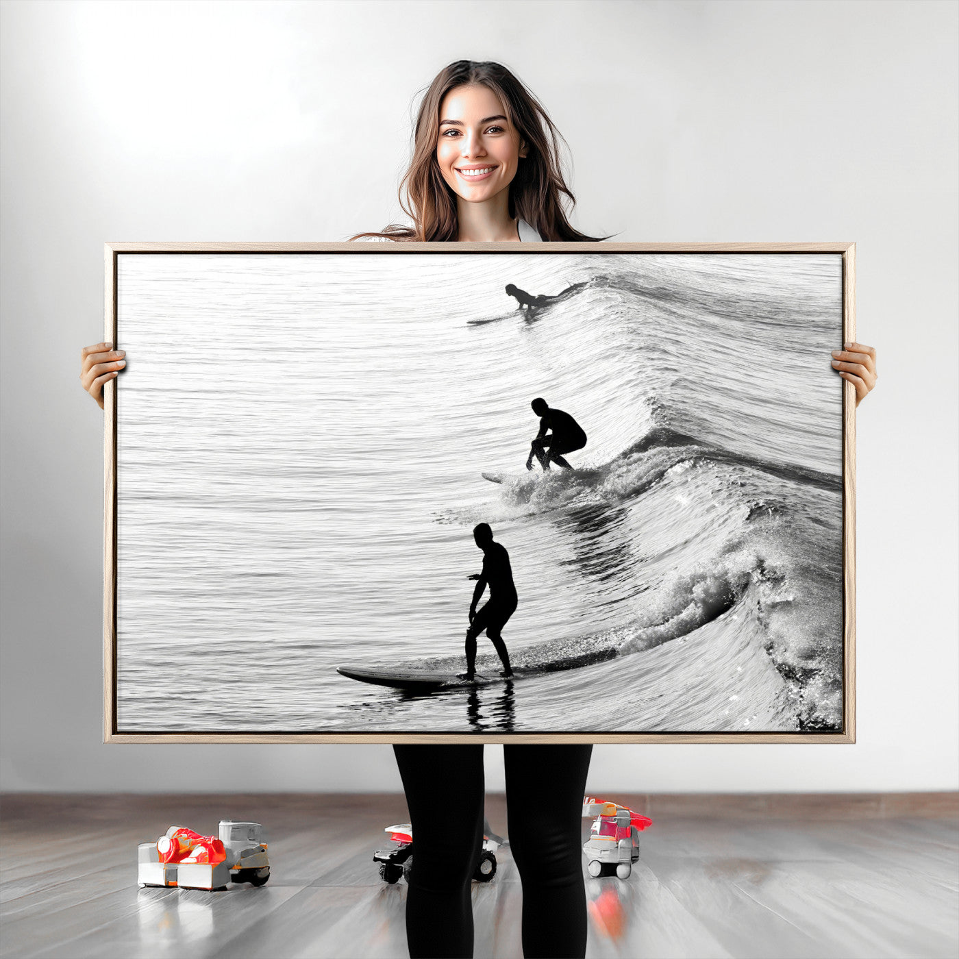 19875284-MGV-CV-36X24-Surfer Waves Wall Art Canvas Print, Framed Black White Surf Art Picture Print, Monochrome Ocean Perfect Modern Coastal Decor