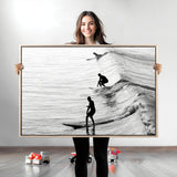 19875284-MGV-CV-36X24-Surfer Waves Wall Art Canvas Print, Framed Black White Surf Art Picture Print, Monochrome Ocean Perfect Modern Coastal Decor