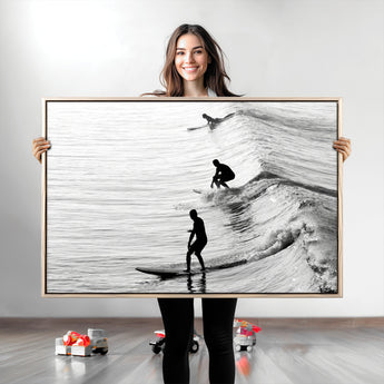 19875284-MGV-CV-36X24-Surfer Waves Wall Art Canvas Print, Framed Black White Surf Art Picture Print, Monochrome Ocean Perfect Modern Coastal Decor