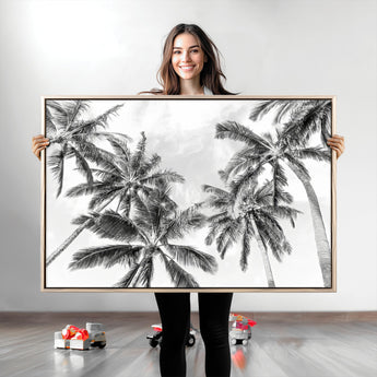 62113786-MGV-CV-36X24-Black White Palm Wall Art Canvas Print, Framed Monochrome Tropics Art Picture Print, Minimalist Beach Perfect Coastal Minimalist