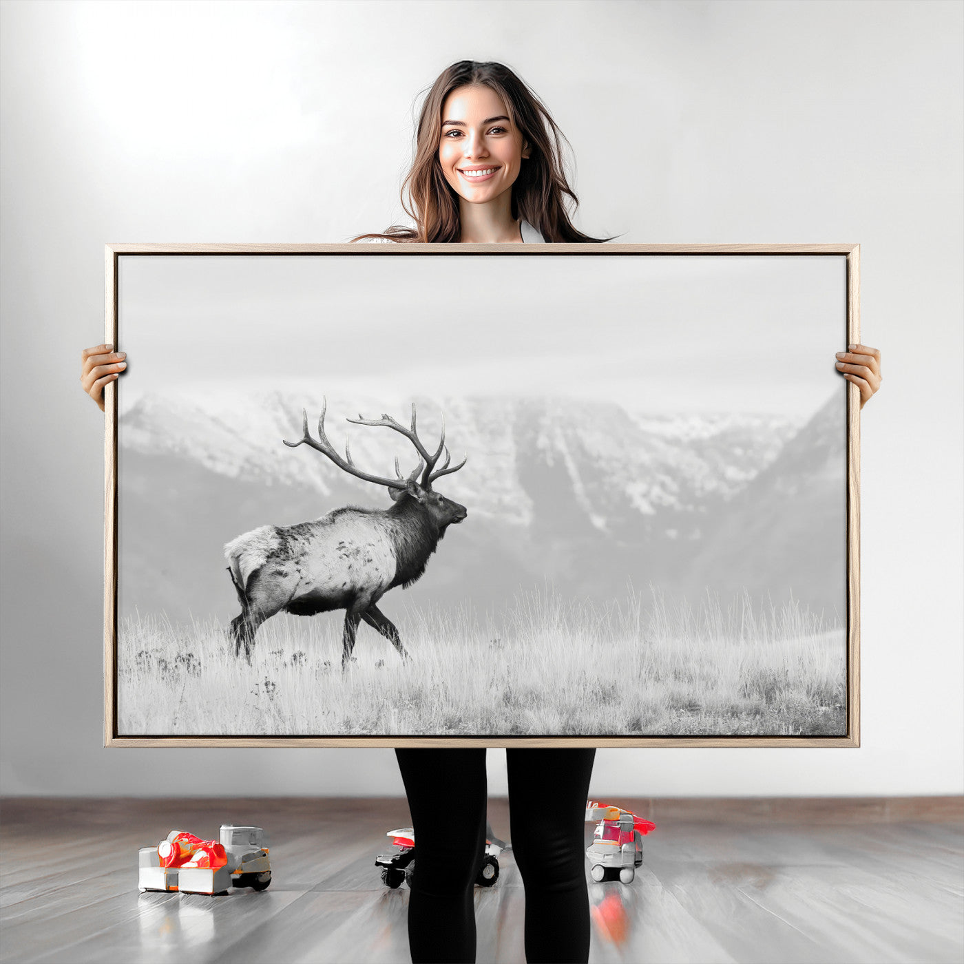 62278753-MGV-CV-36X24-Monochrome Elk Wall Art Canvas Print, Framed Mountain Wildlife Art Picture Print, Rustic Nature Perfect Rustic Minimalist Decor