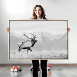 62278753-MGV-CV-36X24-Monochrome Elk Wall Art Canvas Print, Framed Mountain Wildlife Art Picture Print, Rustic Nature Perfect Rustic Minimalist Decor