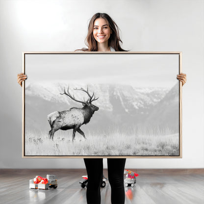 62278753-MGV-CV-36X24-Monochrome Elk Wall Art Canvas Print, Framed Mountain Wildlife Art Picture Print, Rustic Nature Perfect Rustic Minimalist Decor