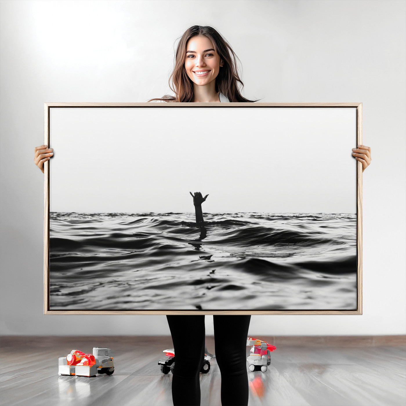 69541918-MGV-CV-36X24-Black White Ocean Wall Art Canvas Print, Framed Moody Seascape Art Picture Print, Surfer Sign Perfect Moody Minimalist Decor