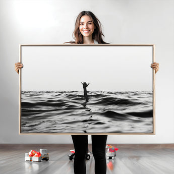 69541918-MGV-CV-36X24-Black White Ocean Wall Art Canvas Print, Framed Moody Seascape Art Picture Print, Surfer Sign Perfect Moody Minimalist Decor