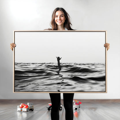 69541918-MGV-CV-36X24-Black White Ocean Wall Art Canvas Print, Framed Moody Seascape Art Picture Print, Surfer Sign Perfect Moody Minimalist Decor