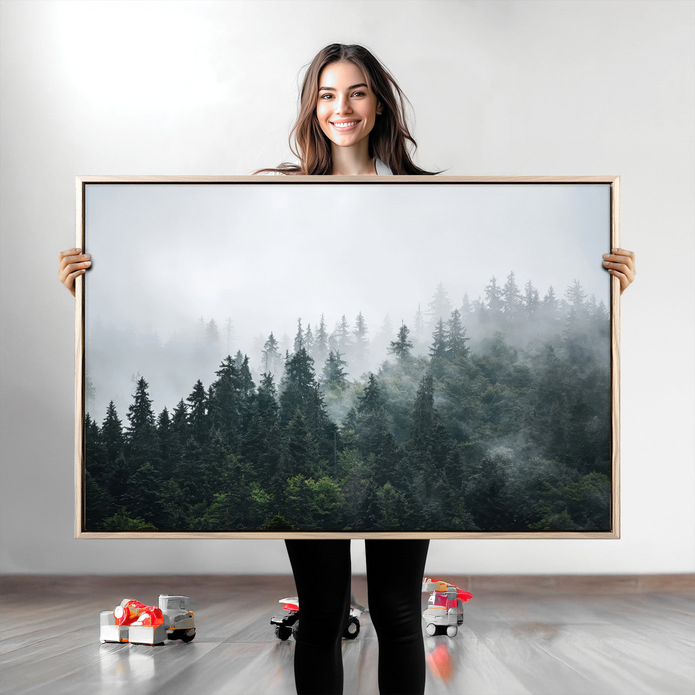 84146572-MGV-CV-36X24-Foggy Pine Trees Wall Art Canvas Print, Framed Forest Nature Art Picture Print, Evergreen Forest Perfect Scandinavian Minimalist