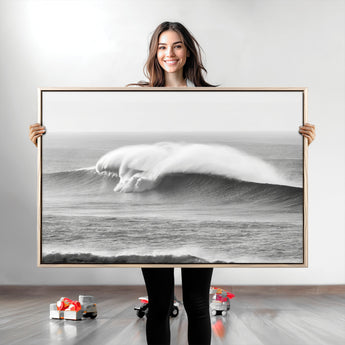 42544082-MGV-CV-36X24-Monochrome Seascape Wall Art Canvas Print, Framed Surf Wave Art Picture Print, Minimalist Ocean Perfect Moody Coastal Decor