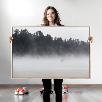 59703275-MGV-CV-36X24-Surfer in Fog Wall Art Canvas Print, Framed Foggy Beach Art Picture Print, Coastal Surf Perfect Moody Coastal Decor Artwork